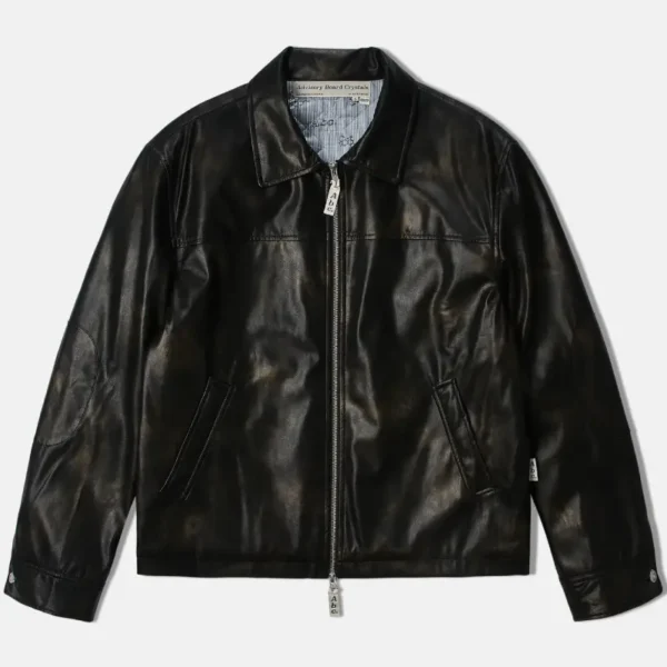 Black Advisory Board Crystals Aged Faux Leather Zip Jacket