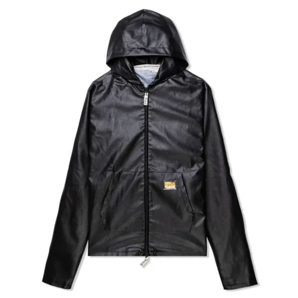 Black Advisory Board Crystals Faux Leather Zip-Up Hoodie