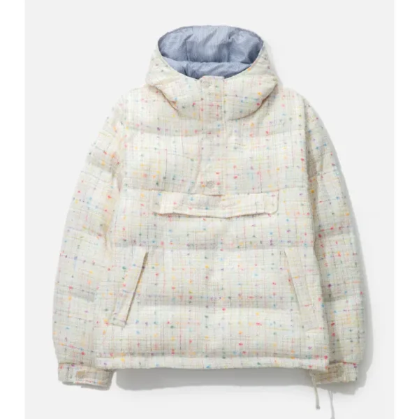 White ABC Tweed Hooded Puffer Jacket