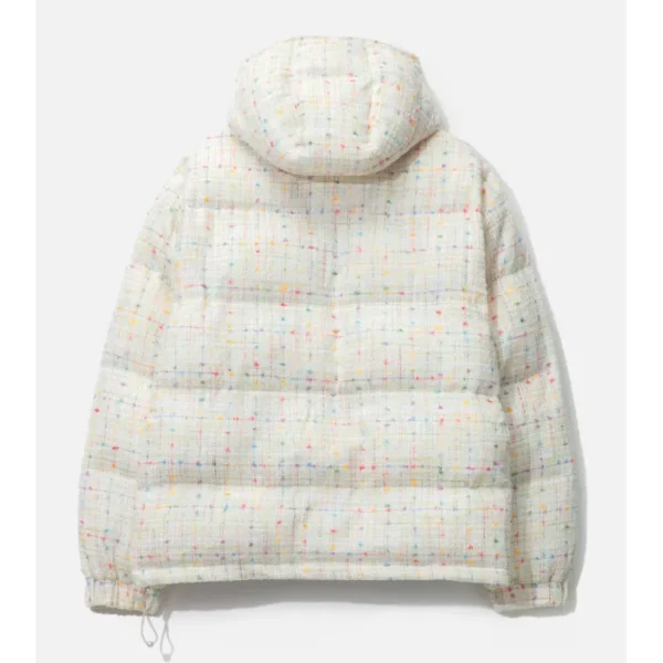 White ABC Tweed Hooded Puffer Jacket Back Side